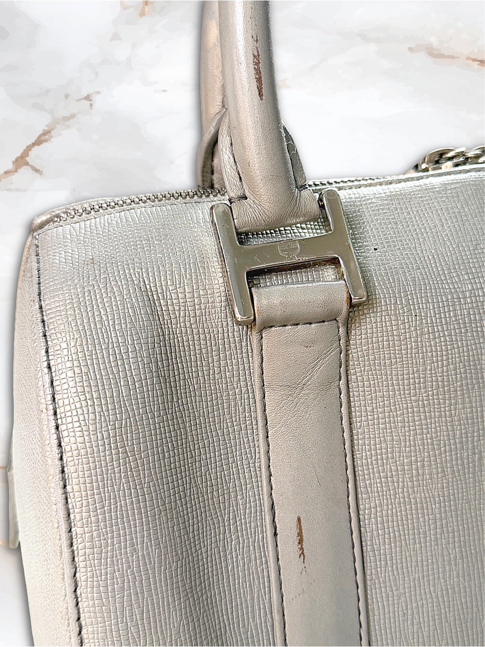 MCM München Metallic Silver Saffiano Leather Boston Bag - Picture 9 of 17